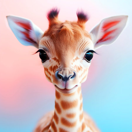 Portrait of a cute baby giraffe on a blue background.の素材