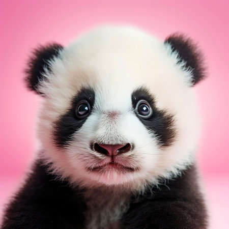 Portrait of cute panda bear on pink background, studio shotの素材