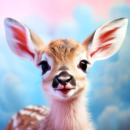 Cute little baby deer on colorful background. Close up portrait.の素材