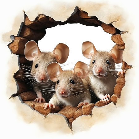 Three rats peeking out of a hole in a paper. 3d renderingの素材