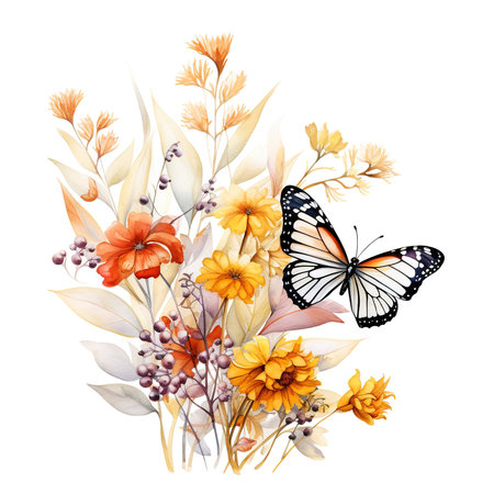 Autumn Boho Flowers and Butterfly isolated on White Background.の素材