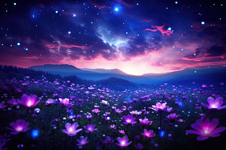 Fantasy landscape with cosmos flowers and mountains at night, illustration.の素材