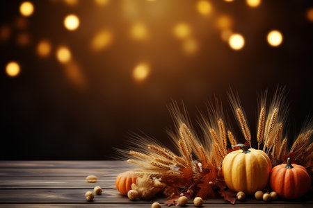 Autumn background with pumpkins and wheat ears on wooden table.の素材