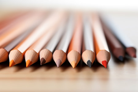 Pencils of different colors on a wooden table. Selective focus.の素材
