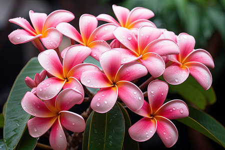 Pink Frangipani or Plumeria flower with water drops after rainの素材