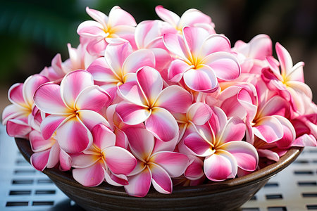 Pink Plumeria flowers in a bowl on the table, stock photoの素材