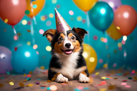 Cute Australian Shepherd puppy dog in birthday party hat with colorful balloonsの素材