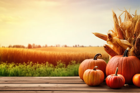 Halloween pumpkins and corn on wooden table in front of field, Thanksgiving decorの素材