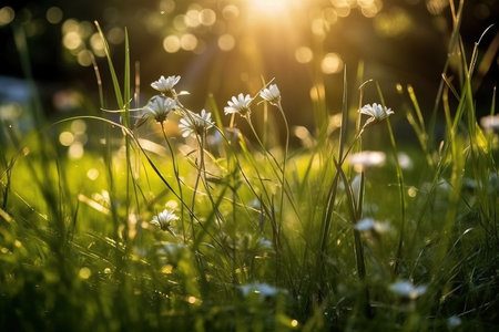 Daisy flower in the meadow at sunrise. Beautiful spring backgroundの素材