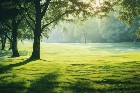 Beautiful landscape with green meadow and trees in the morning.の素材