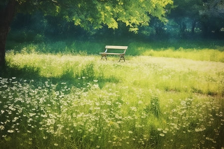 Bench in the meadow with daisies, retro tonedの素材
