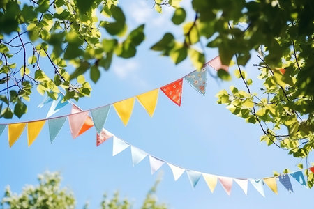 Colorful bunting flags hanging from tree branches against blue sky in summerの素材