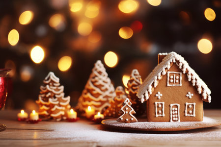 gingerbread house and christmas tree on wooden table with bokeh backgroundの素材