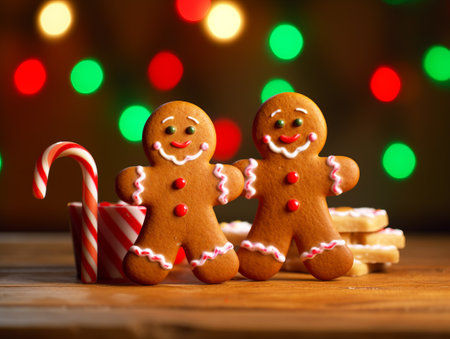 Christmas homemade gingerbread cookies on wooden table with bokeh backgroundの素材