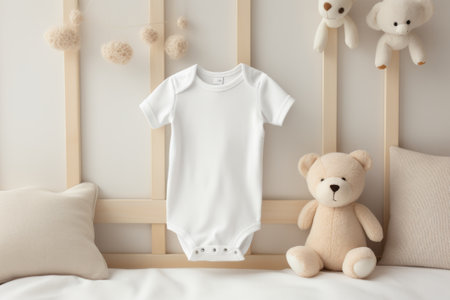 Mockup of soft pastel Baby Bodysuit for Girl or Boy on room decorations background. Blank baby clothes template, White empty baby body suit mock up.の素材