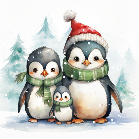 Christmas penguins family. Watercolor illustration isolated on white background.の素材