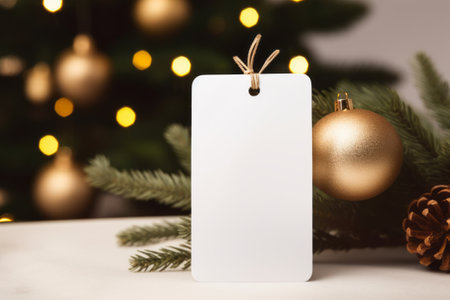 Mockup blank christmas gift tag with christmas tree and bokeh backgroundの素材