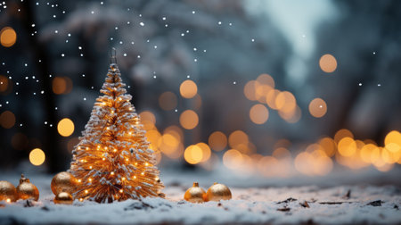 Christmas tree on snow with bokeh background and snowflakesの素材