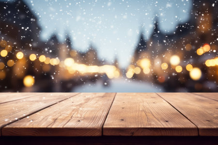 Wooden table against snow falling over paris at christmas time. Festive seasonal Christmas bright background with copy space.の素材