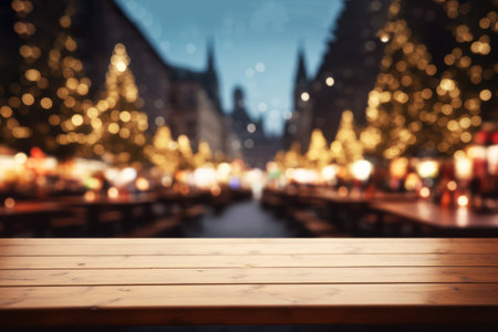 Wooden table in front of blurred background of Christmas. Festive seasonal Christmas bright background with copy space.の素材
