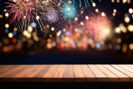 Wooden table against fireworks exploding over fireworks exploding over night cityscapeの素材