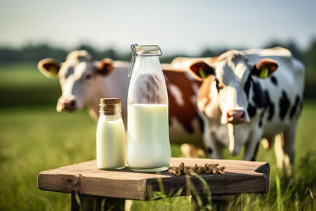 Milk in a glass bottle on the background of a herd of cowsの素材