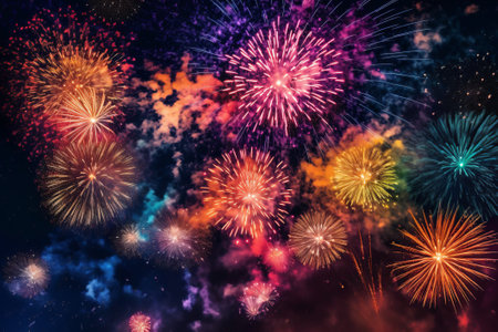 Colorful fireworks of various colors over night sky. Abstract background.の素材