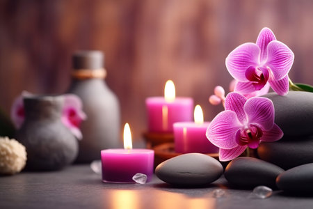 Spa still life with orchid flower, candles and stones on wooden backgroundの素材