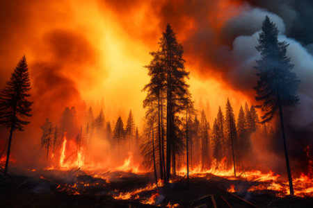 Forest fire burning in the forest, natural disaster, global warming conceptの素材