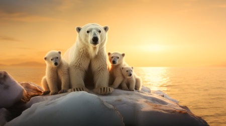 Polar bear family on the pack ice, north of Svalbard Arctic Norwayの素材