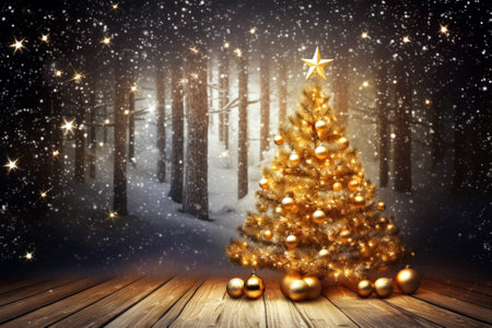 Christmas tree in the winter forest with snowflakes and golden ballsの素材