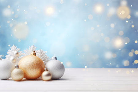 Christmas background with baubles and snowflakes on blue bokehの素材
