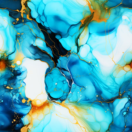 Alcohol ink abstract background with blue, gold and turquoise marble texture.の素材