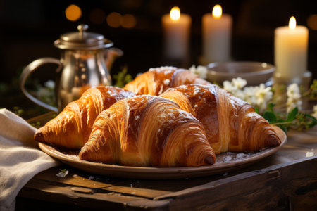 Freshly baked croissants on a plate on a wooden tableの素材