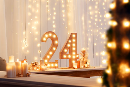 Decorated table with candles and number twenty four on blurred backgroundの素材