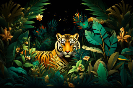 Watercolor green and gold jungle with Tiger and plants background Hand drawn illustration. Tropical jungle background.の素材