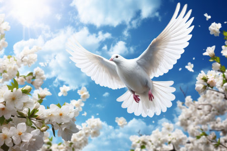 Flying white doves in spring blossom on blue sky background.の素材
