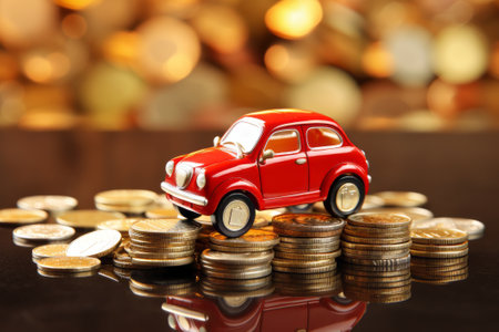 Toy car and coins on bokeh background. Financial concept.の素材