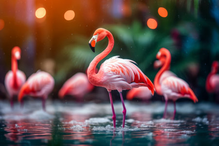 Pink flamingo in the water with bokeh background, Selective focus.の素材