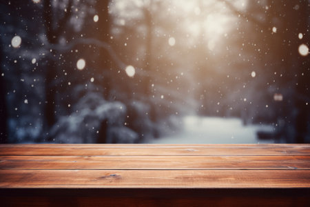 Wooden table against snowy landscape with fir trees and snowflakesの素材