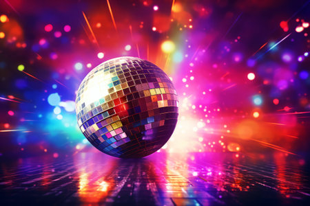 Disco ball on the floor with colorful bokeh lights backgroundの素材