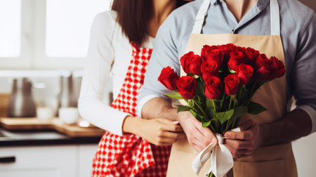 Cropped image of man giving bouquet of red roses to his girlfriend in kitchenの素材