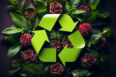 Recycling symbol surrounded by flowers and leaves on dark background.の素材