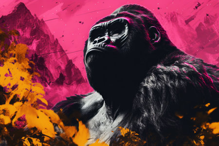 a painting showing a gorilla Gorilla in the jungle. Colorful background. Collage.の素材
