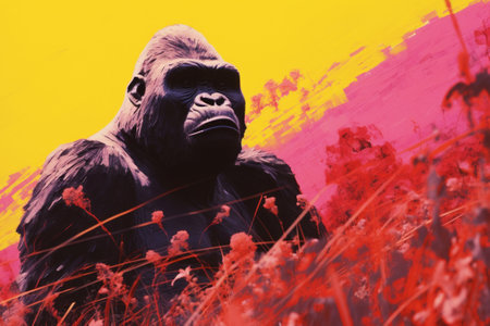 Gorilla in a meadow with red flowers and yellow backgroundの素材