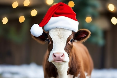 Cute little calf in red santa hat on christmas backgroundの素材