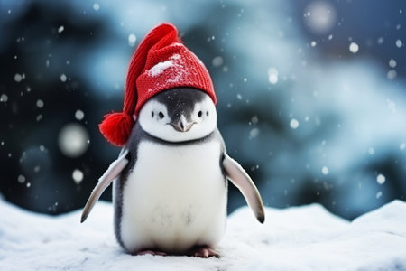 Cute penguin in red hat and scarf on snow background.の素材