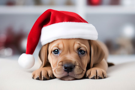Cute puppy in red christmas hat lying on the floor.の素材