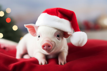Cute little pig with Santa hat on Christmas background, closeupの素材