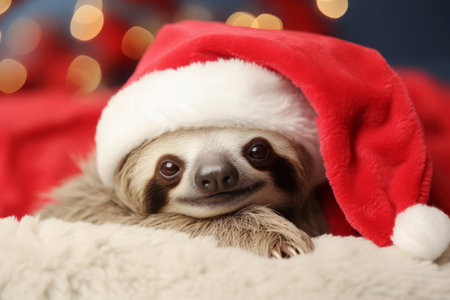 Cute sloth with Santa hat on fur, on Christmas backgroundの素材